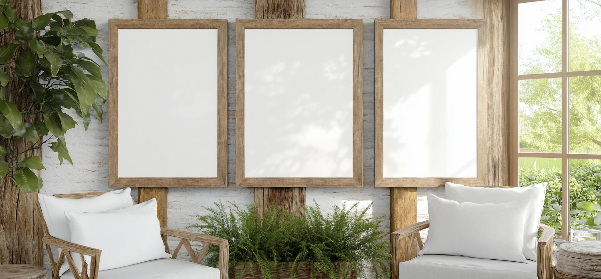 A serene interior with blank frames and greenery inviting creativity. photo