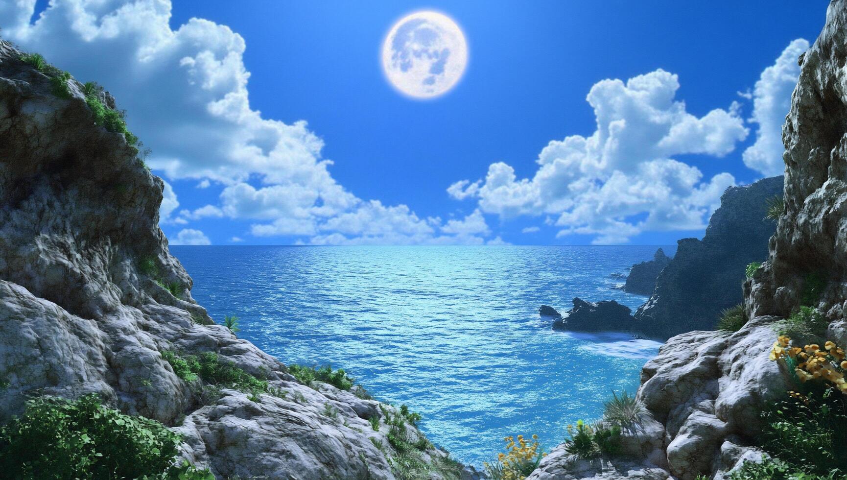 A serene coastal landscape with a bright moon over the ocean. photo