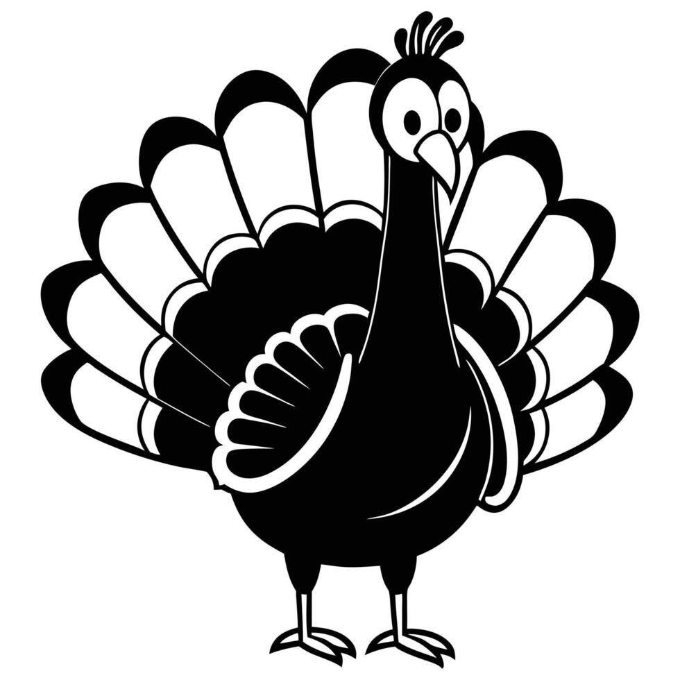Cartoon Turkey Black And White Illustration With Big Eyes And Feathered Tail vector