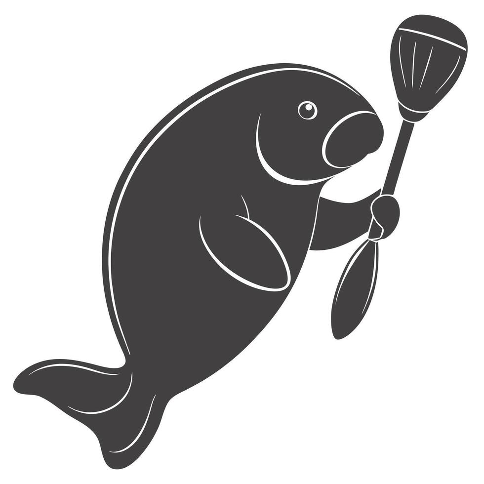 Cartoon Fish Cleaning With Broom Stick Illustration On White Background vector