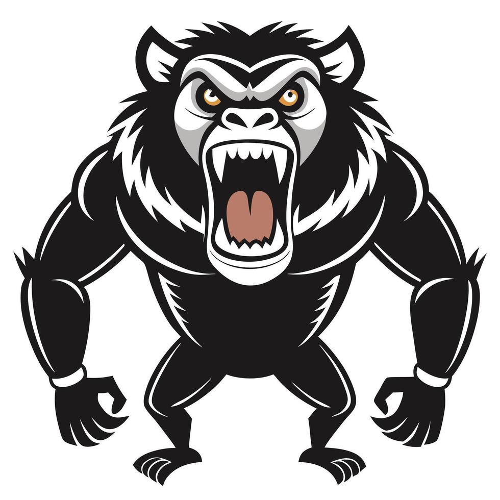 Angry Gorilla Cartoon Illustration Ready To Attack With Fierce Expression And Open Mouth vector