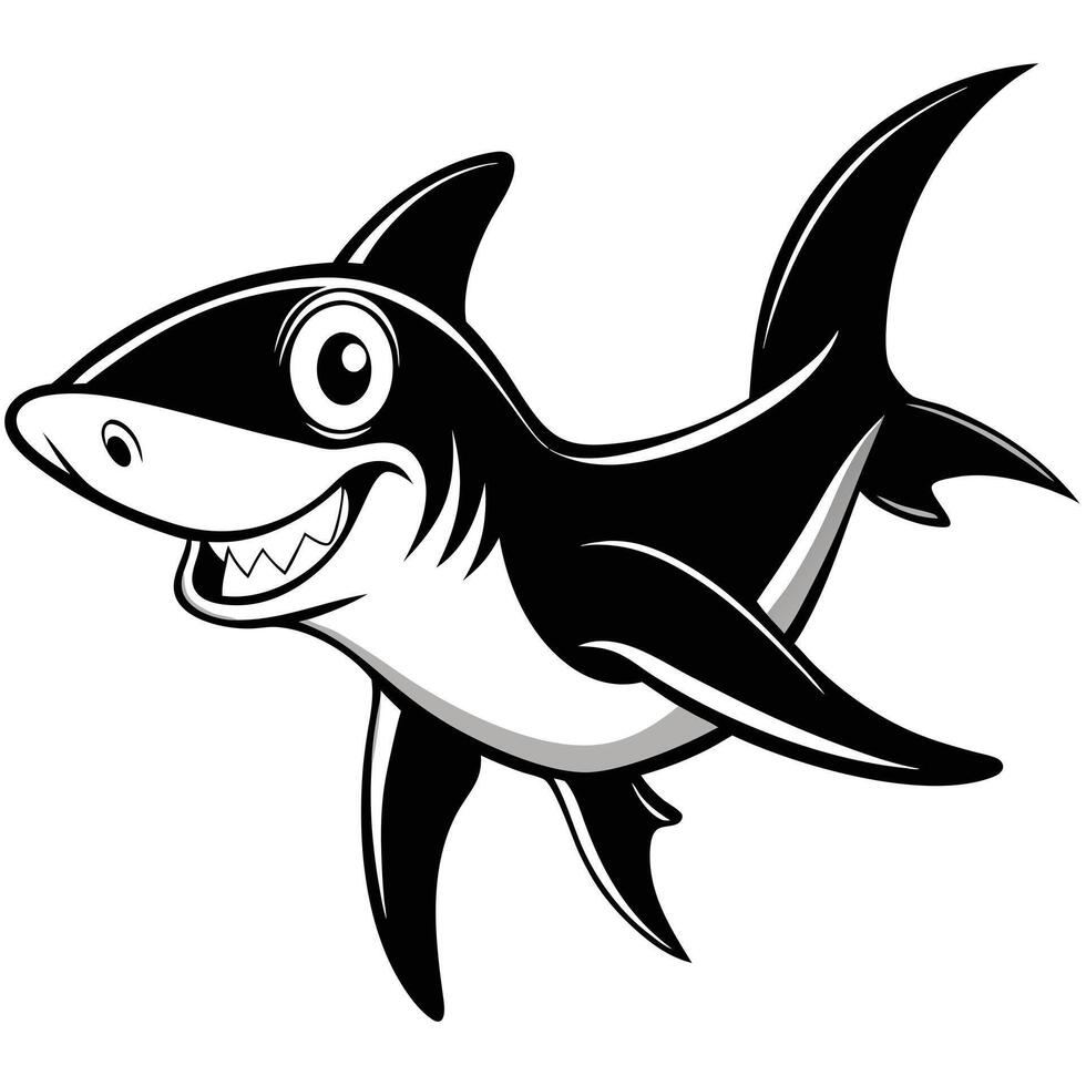 Cheerful Shark Cartoon Illustration In Black And White Style vector