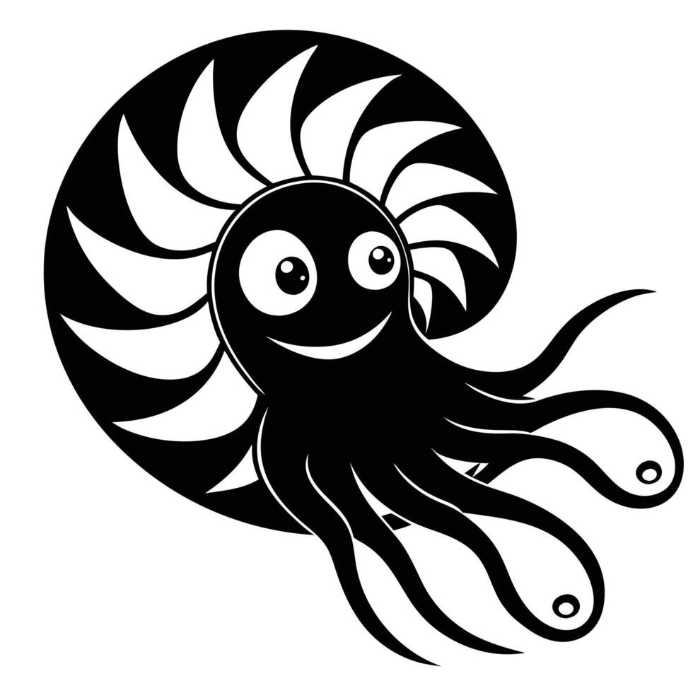 Black And White Cartoon Nautilus Silhouette Illustration For Kids And Educational Material vector