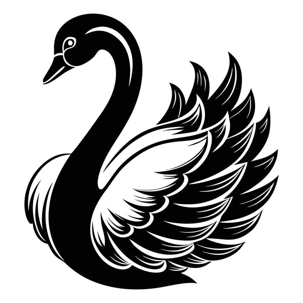 Elegant Black Swan Silhouette With Graceful Feathers On White Background Illustration vector