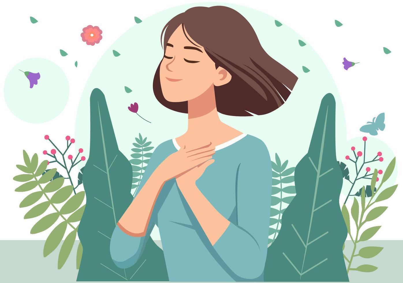A young woman looks refreshed and happy as she breathes fresh air. vector