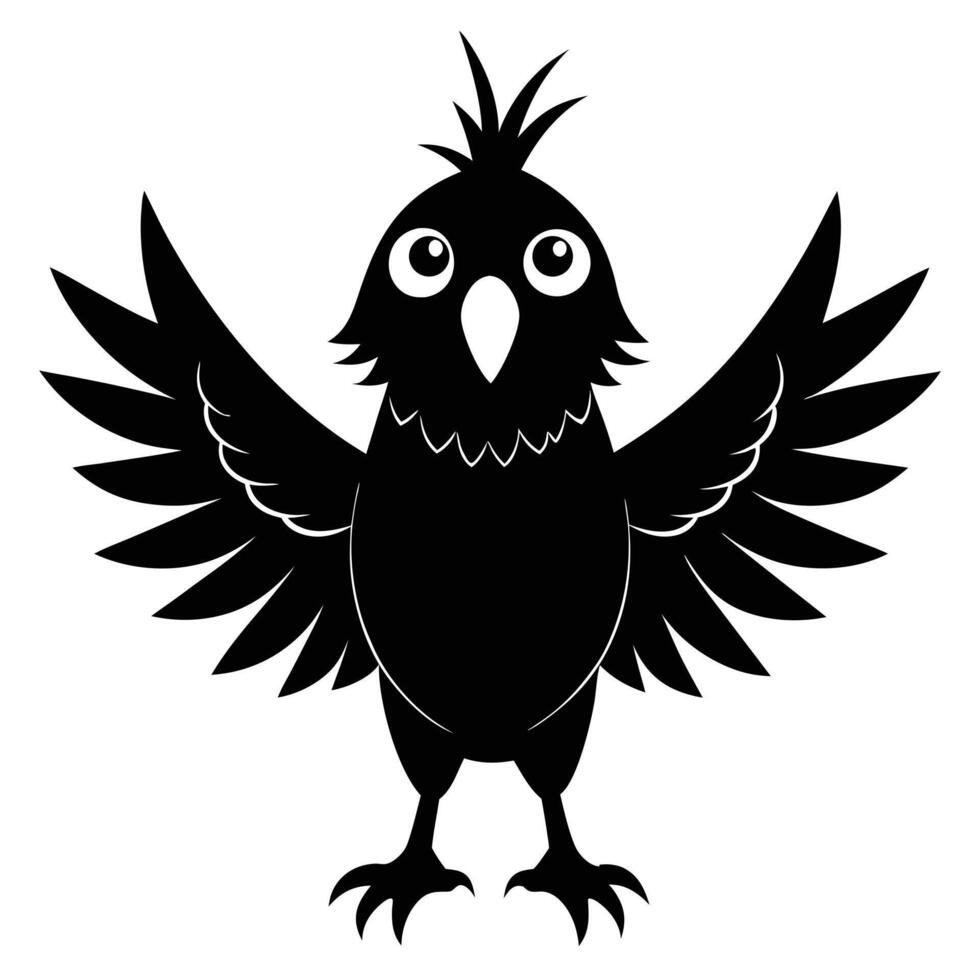 Cartoon Black Silhouette Of A Cheerful Bird With Open Wings Isolated vector