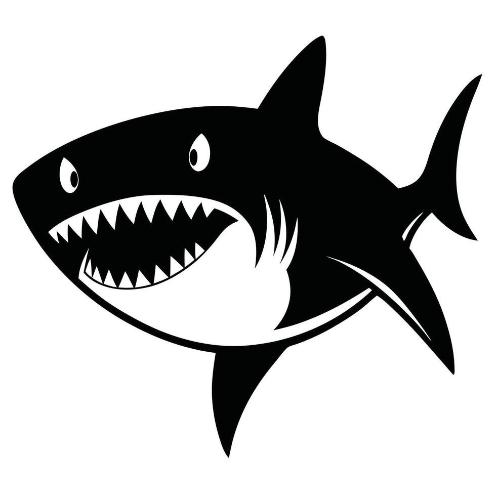 Black And White Cartoon Shark With Big Teeth And Surprised Expression vector