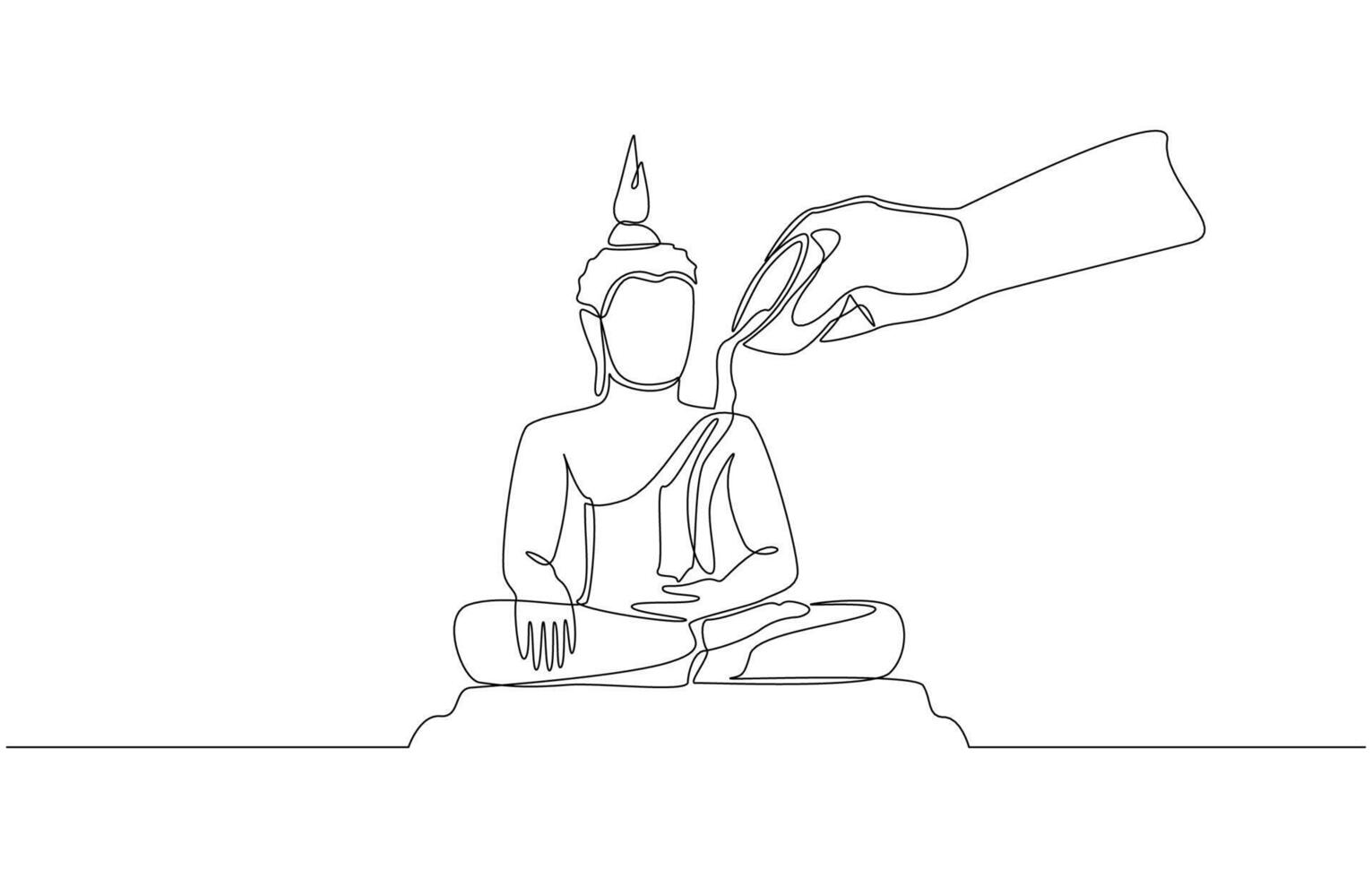 Continuous one line drawing of hand pouring water on statue of buddha, traditional songkran festival concept, single line art vector
