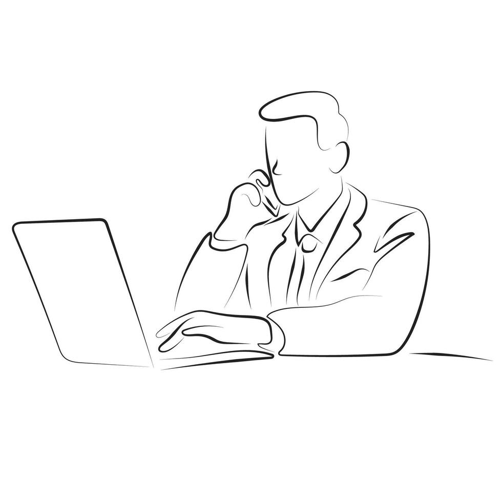 businessman holding mobile phone and looking on laptop illustration with black lines isolated on white background. vector