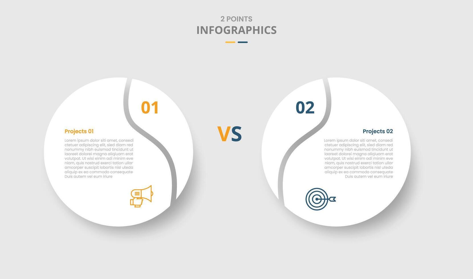 2 points comparison versus for infographic with big circle with swirl edge slice with white background drop shadow with two point list information vector