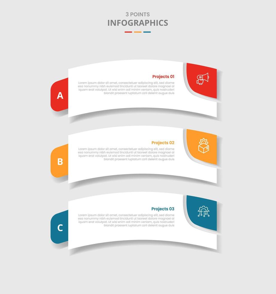 3 points template infographic with round rectangle box bending curve with drop shadow style with three stage list information vector