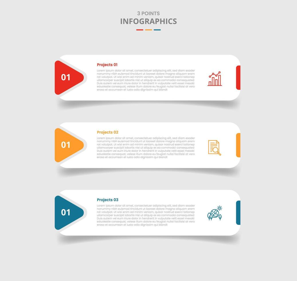 3 points template infographic with round rectangle box with arrow edge stacked list with drop shadow style with three stage list information vector