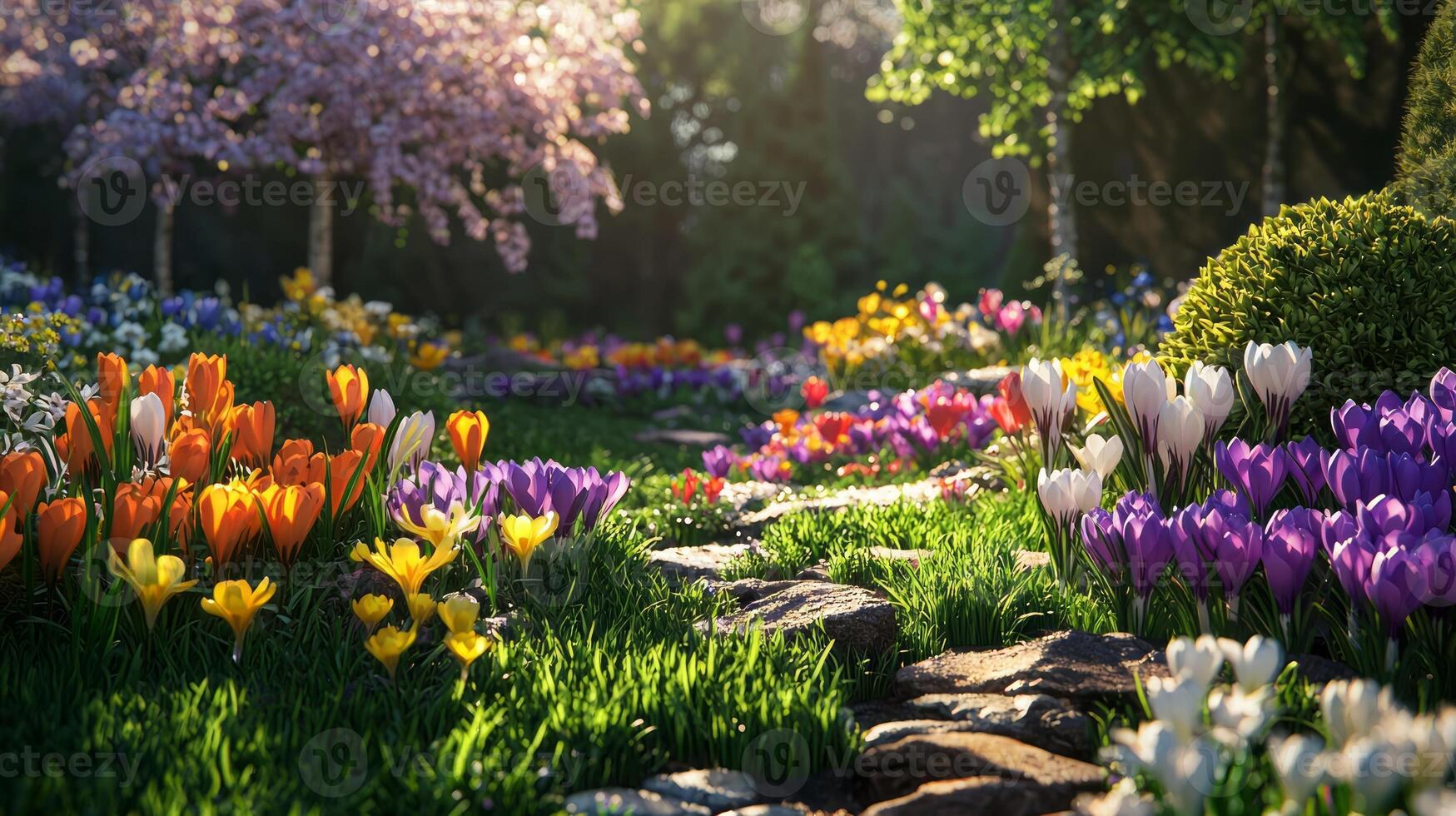 A beautiful garden with colorful flowers and trees photo