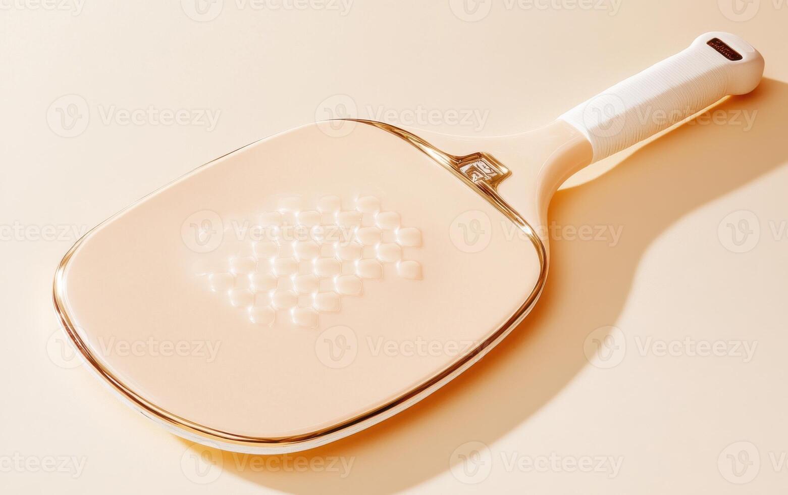 Close-up view of a soft beige pickleball paddle on a light surface photo