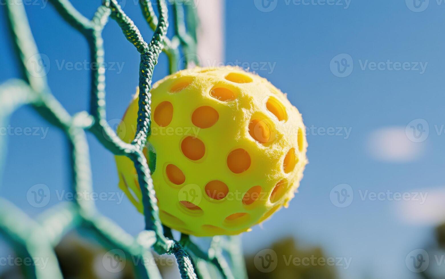 Close-up view of a bright yellow pickleball ball nestled in a net against a clear blue sky in a sunny outdoor setting photo