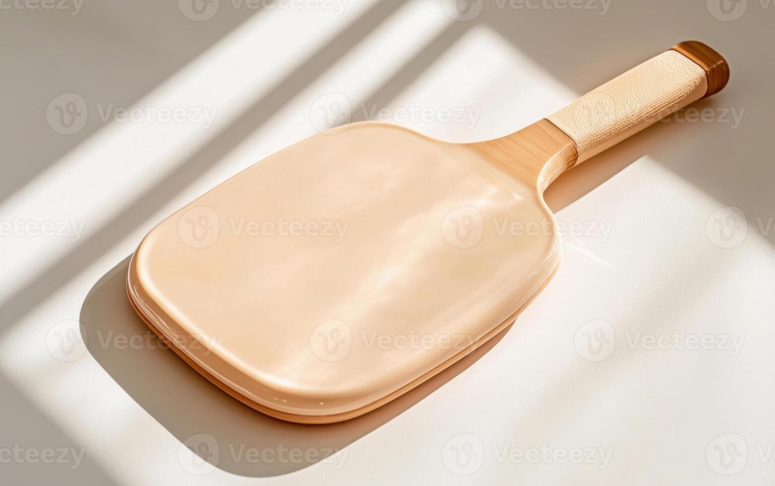 Close-up view of a light beige pickleball paddle resting on a smooth surface in bright sunlight photo
