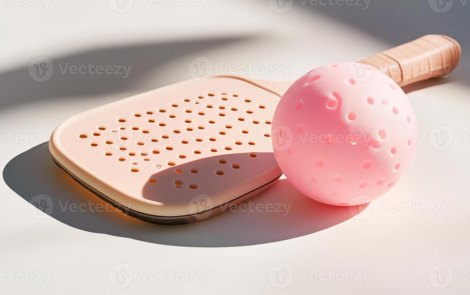 Close-up view of a light beige pickleball on a table beside a paddle during a sunny day in a recreational setting photo