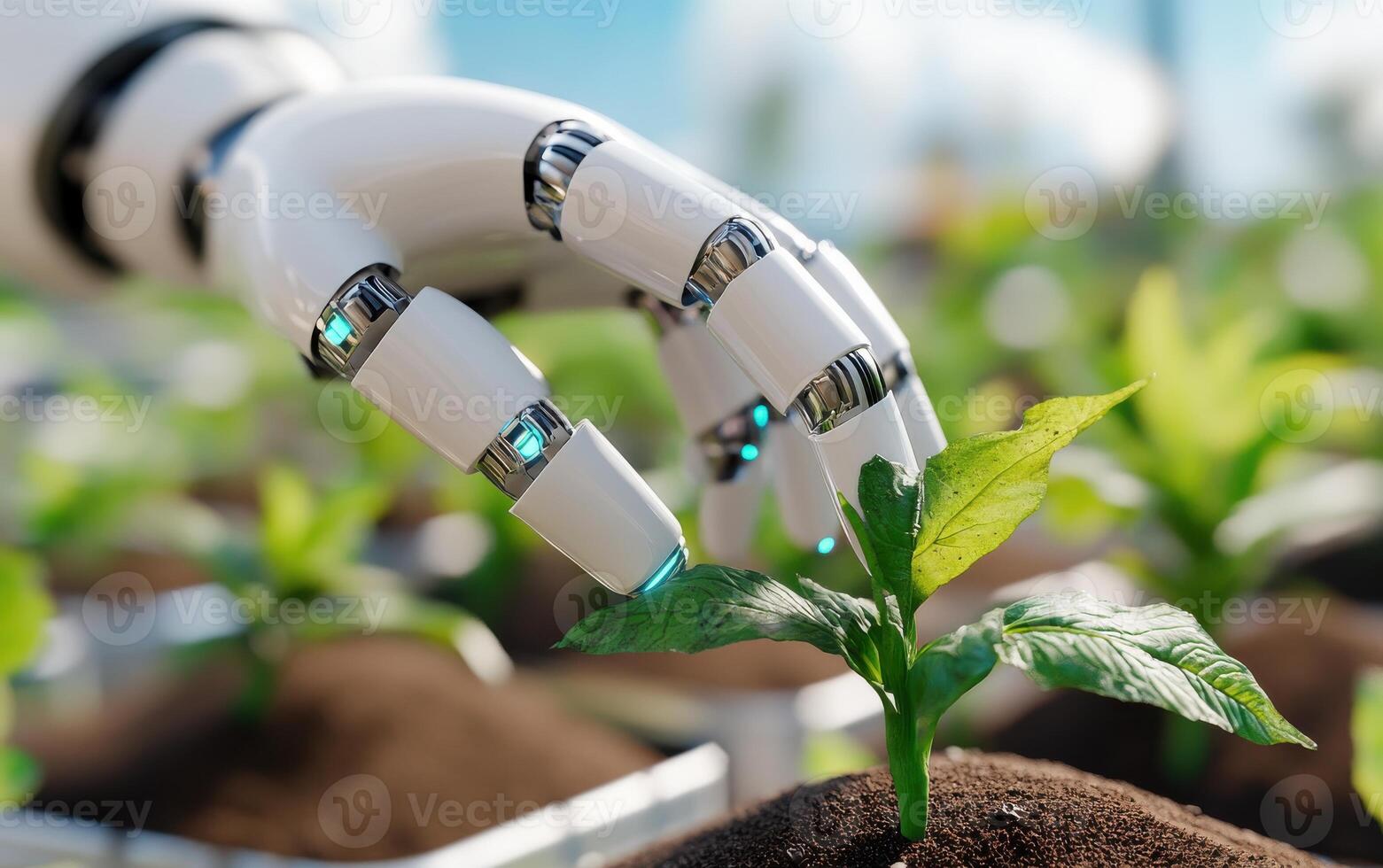 Conceptual representation of an AI robot nurturing plants in a modern agricultural setting during daylight photo