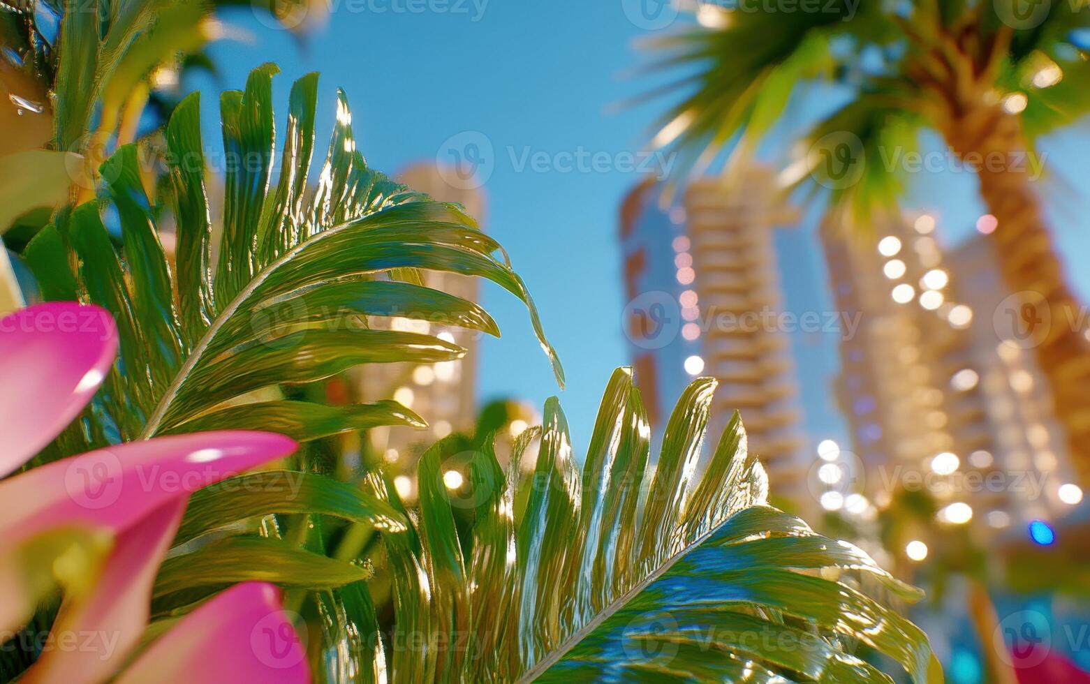 Vibrant tropical scene with lush greenery and towering structures under bright blue sky photo