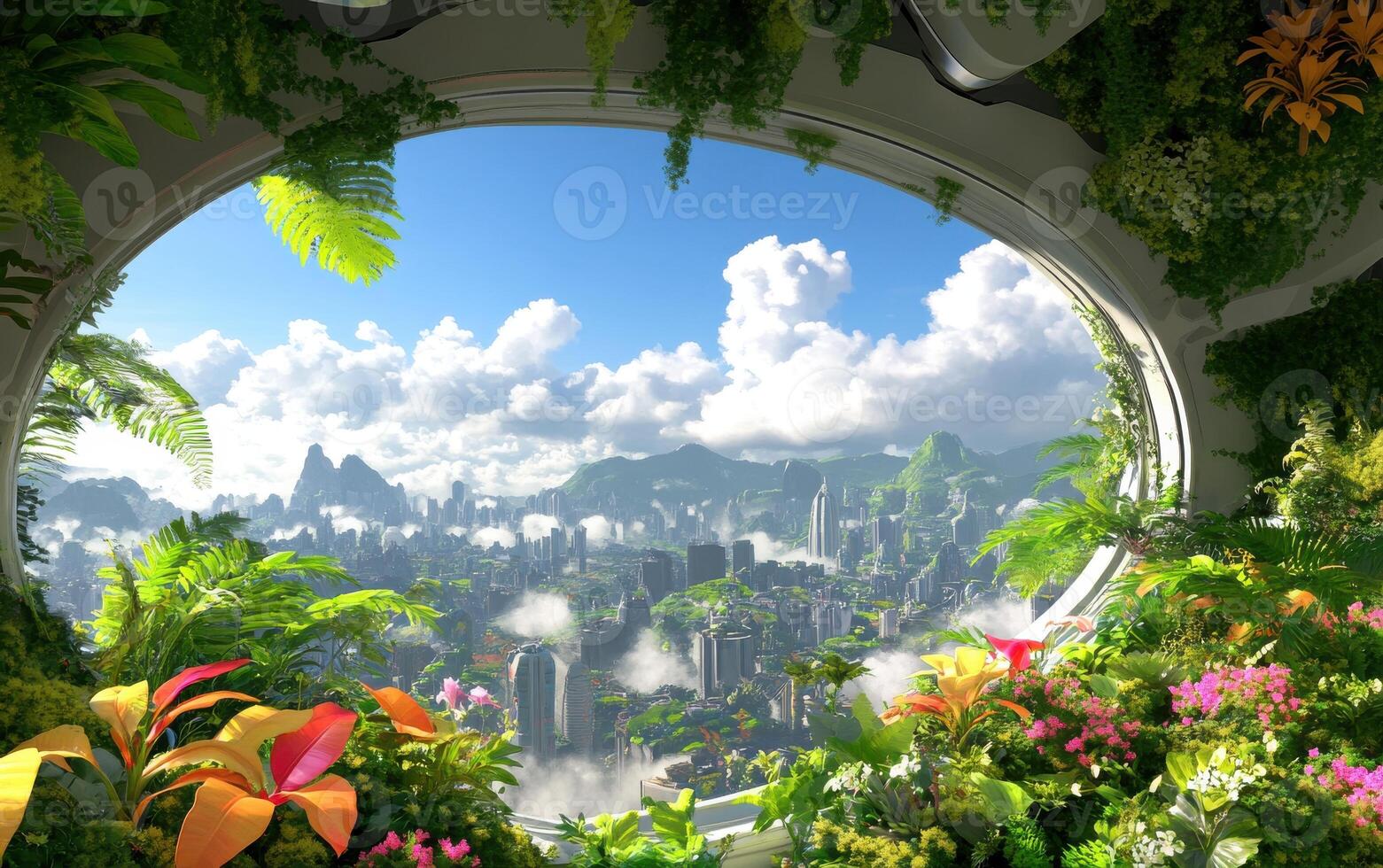 Digital rendering depicting a vibrant green roof overlooking a futuristic urban landscape filled with greenery and mountains under a bright sky photo