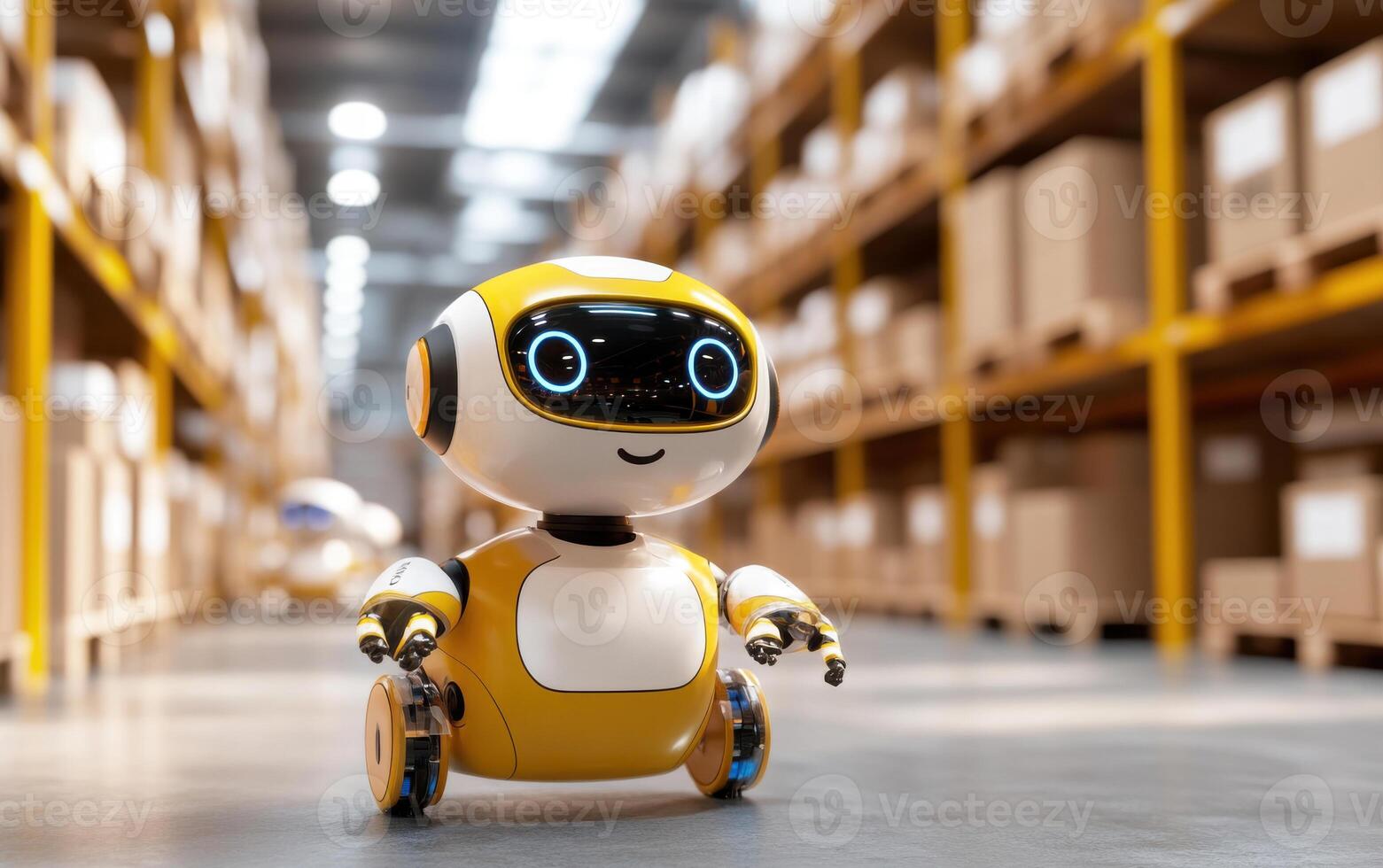 Futuristic warehouse showcases AI-driven robots efficiently managing inventory and logistics photo