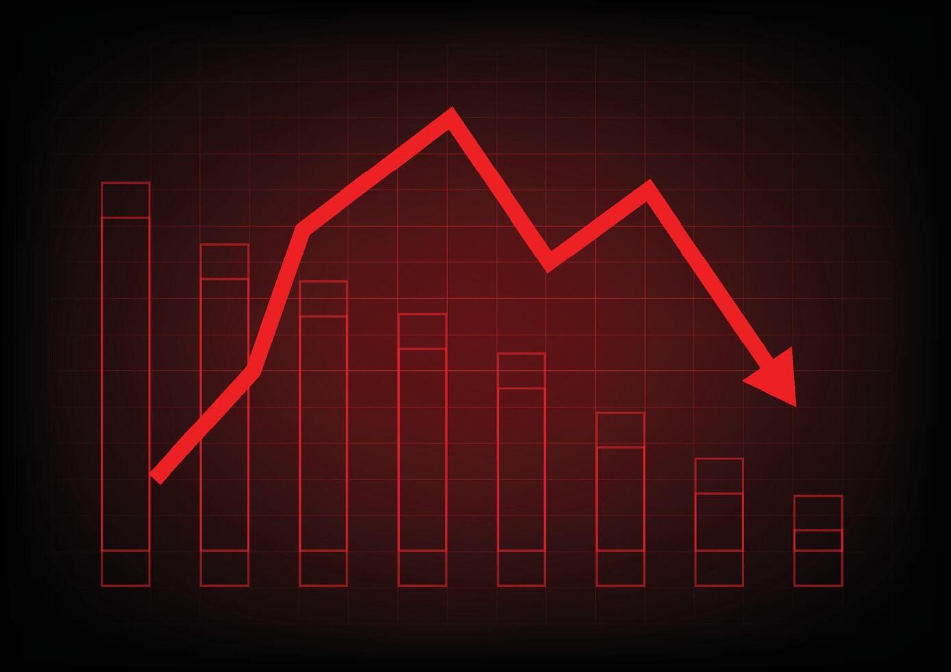 Economic critical crisis concept. The bar garph with dropdown arrow on red table background. Recession financial, cryptocurrency, gold, and the stock market. Losing money and cash. Bearish. vector