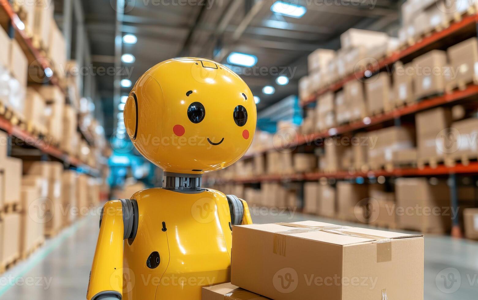 Futuristic warehouse utilizing AI-driven robots for efficient package handling and inventory management photo