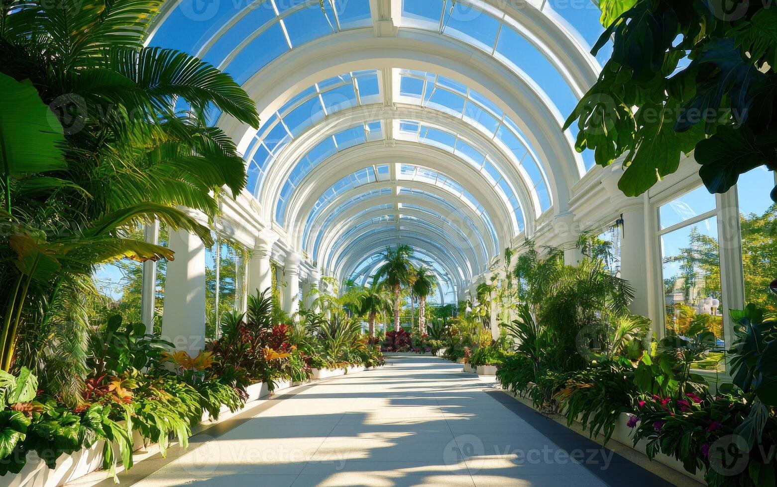 Futuristic garden intertwining nature and ancient architecture under a bright blue sky photo