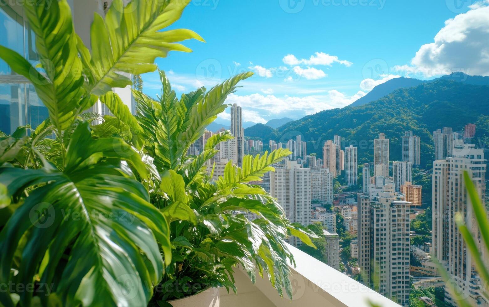 Cinematic view of towering ferns contrasting with city skyline and mountains in bright sunlight photo