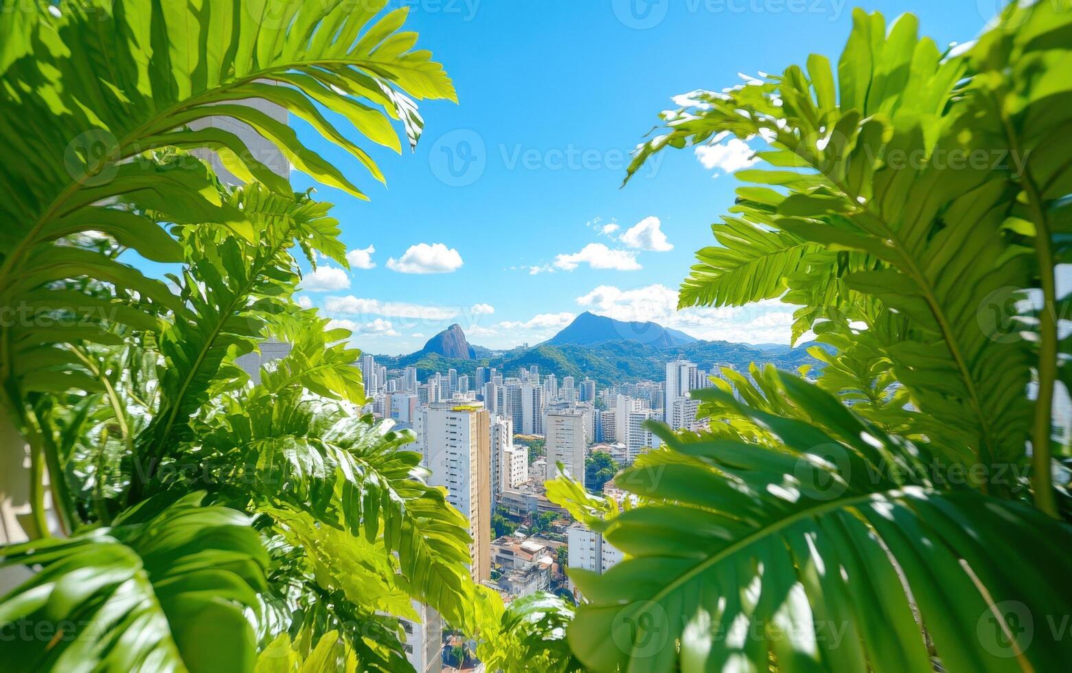 Cinematic view of towering ferns with a backdrop of a vibrant city and majestic mountains under a bright blue sky photo