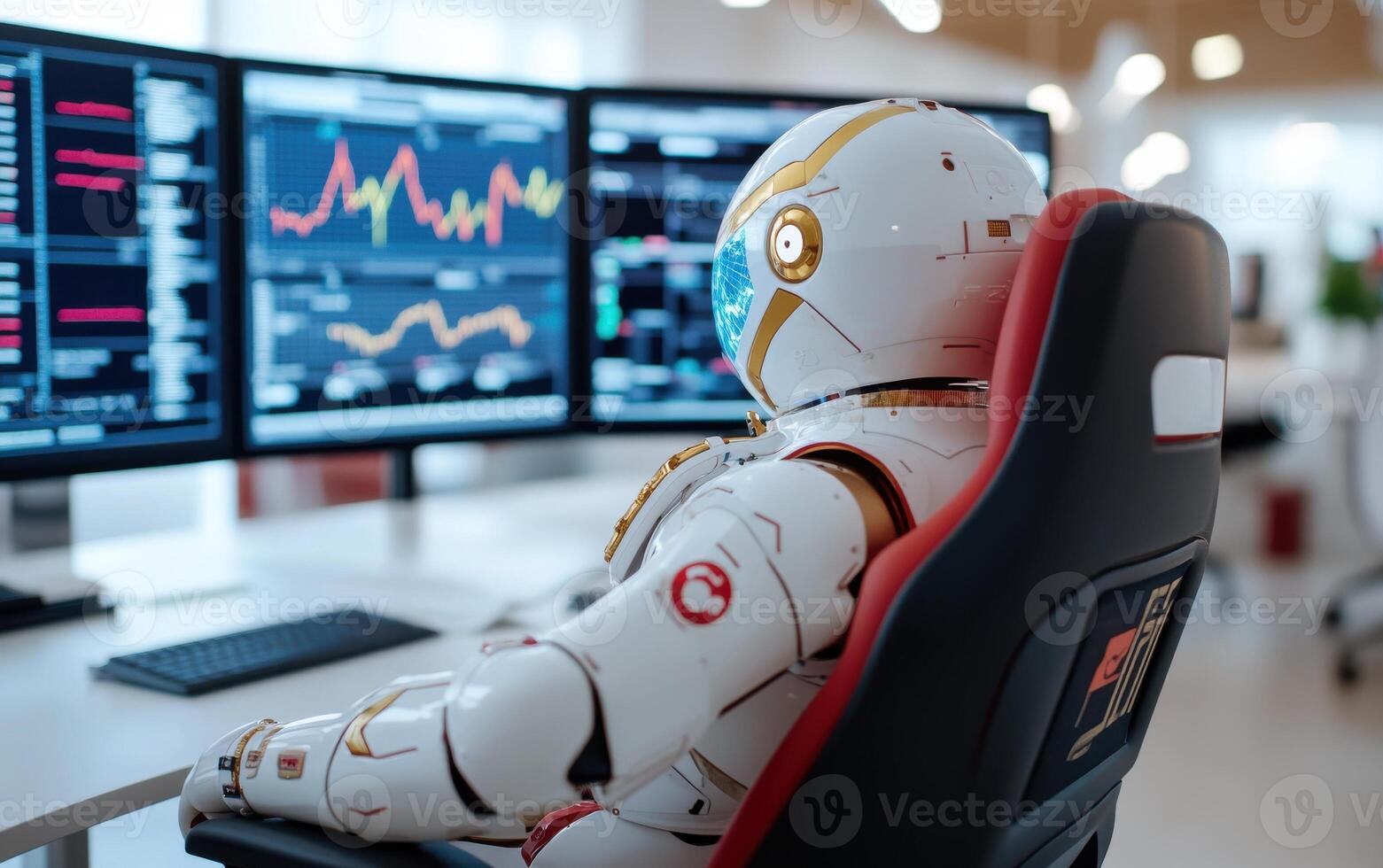 High-tech robot manages accounting tasks in modern office environment with multiple screens and data visualizations photo