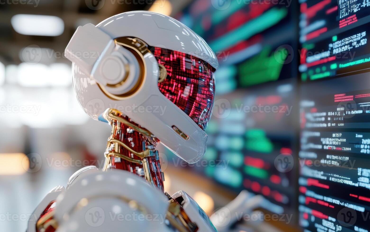 Robot operates in a modern accounting office with digital displays and advanced technology photo