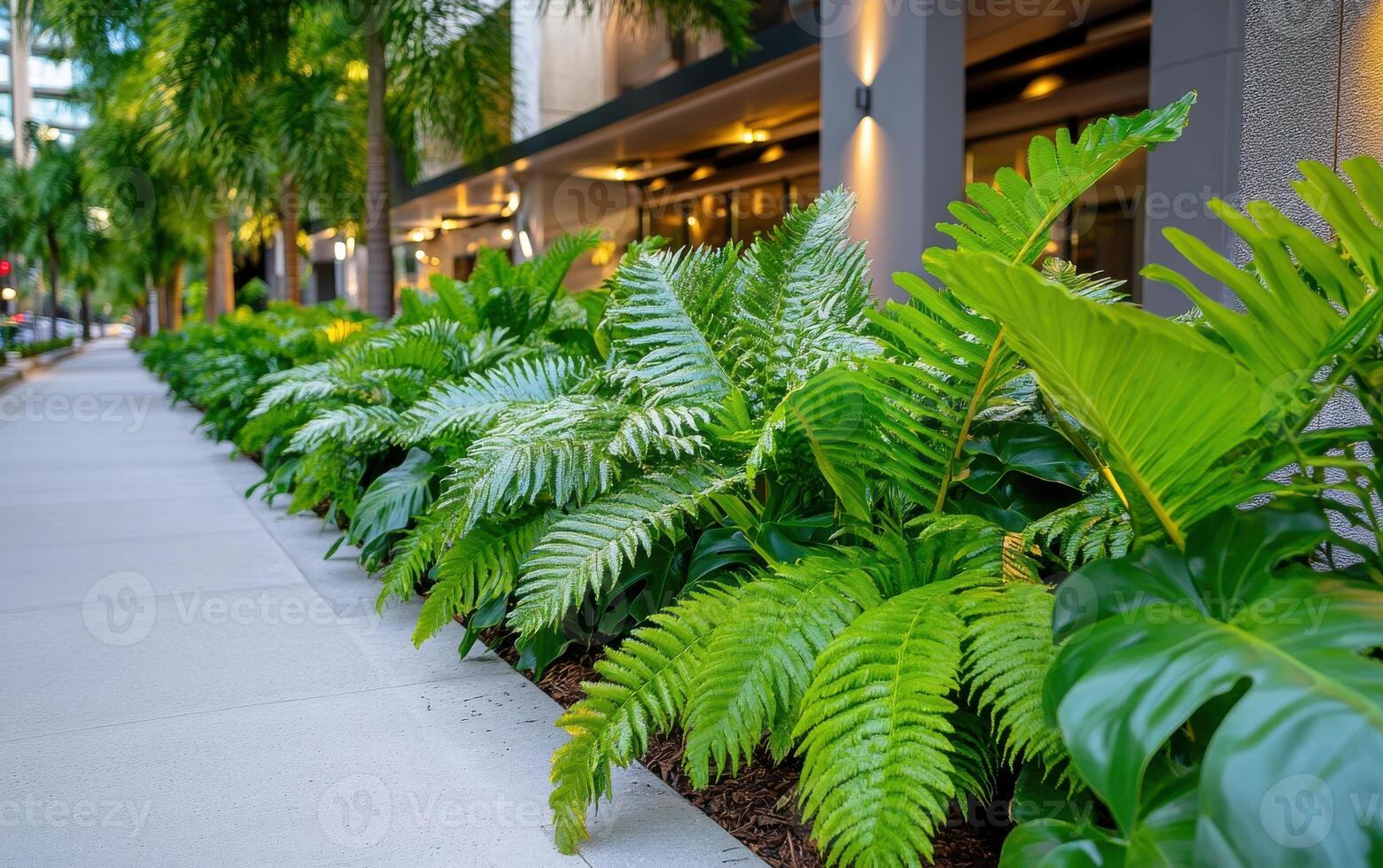 Lush ferns lining a modern walkway in an urban setting surrounded by greenery and elegant architecture photo