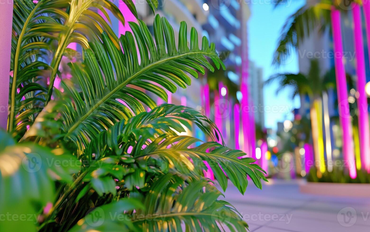 Surreal display of massive lush ferns illuminating the vibrant urban landscape at twilight photo