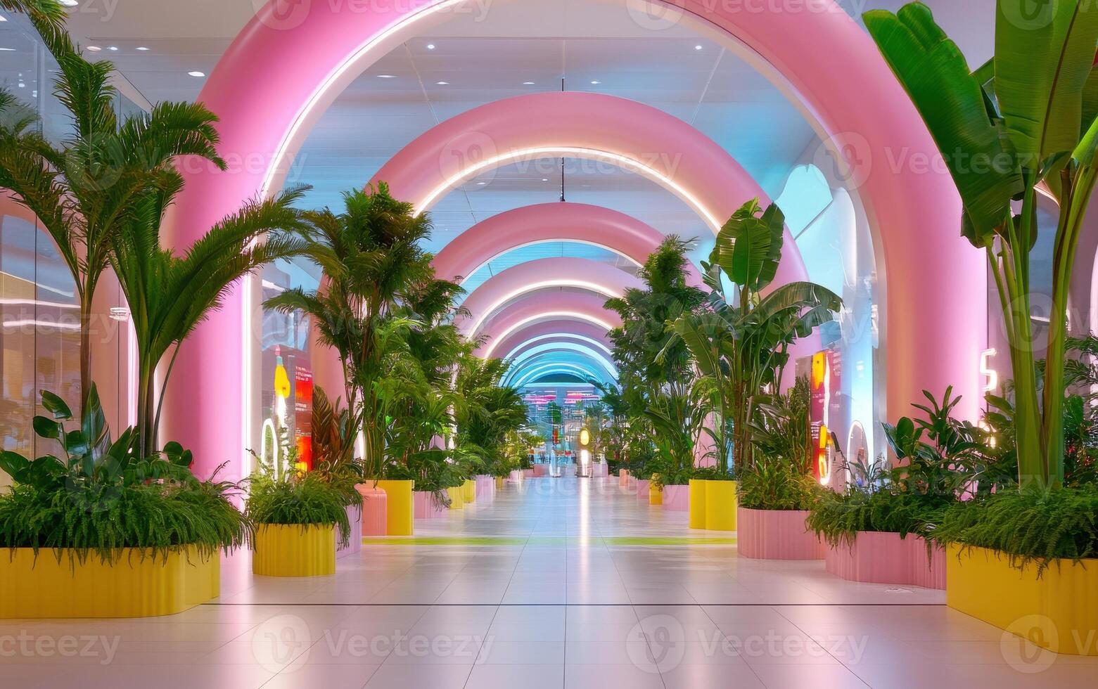 Giant prehistoric plants create a vibrant atmosphere in a modern shopping space filled with artistic arches photo