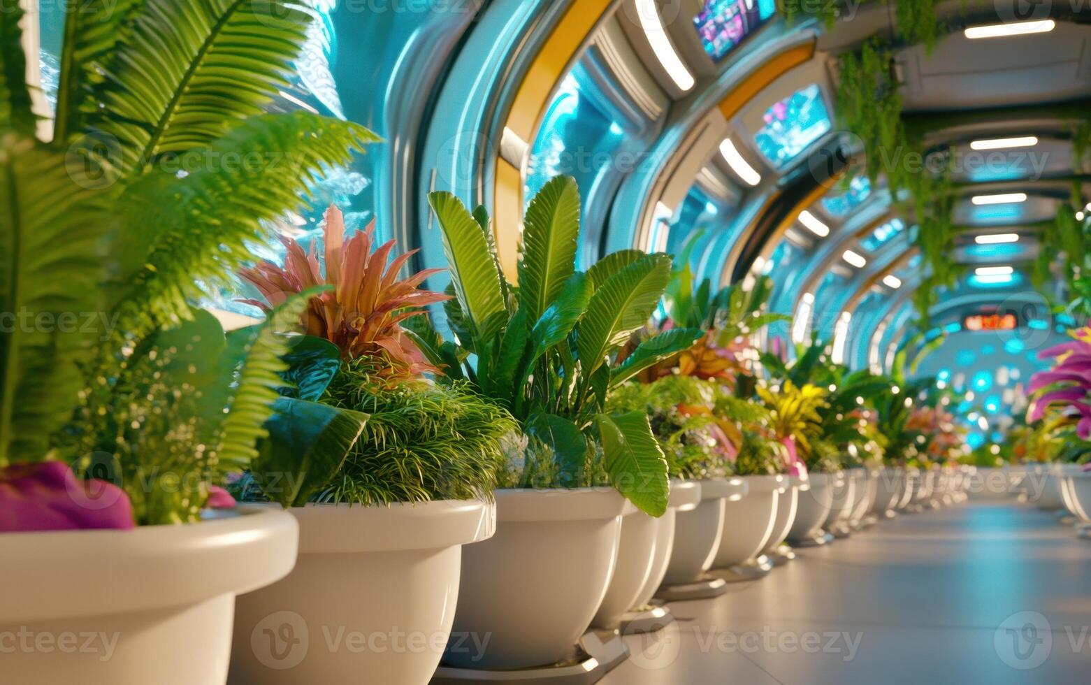 Exploration of prehistoric plants in a futuristic setting showcasing cycads and tropical foliage photo