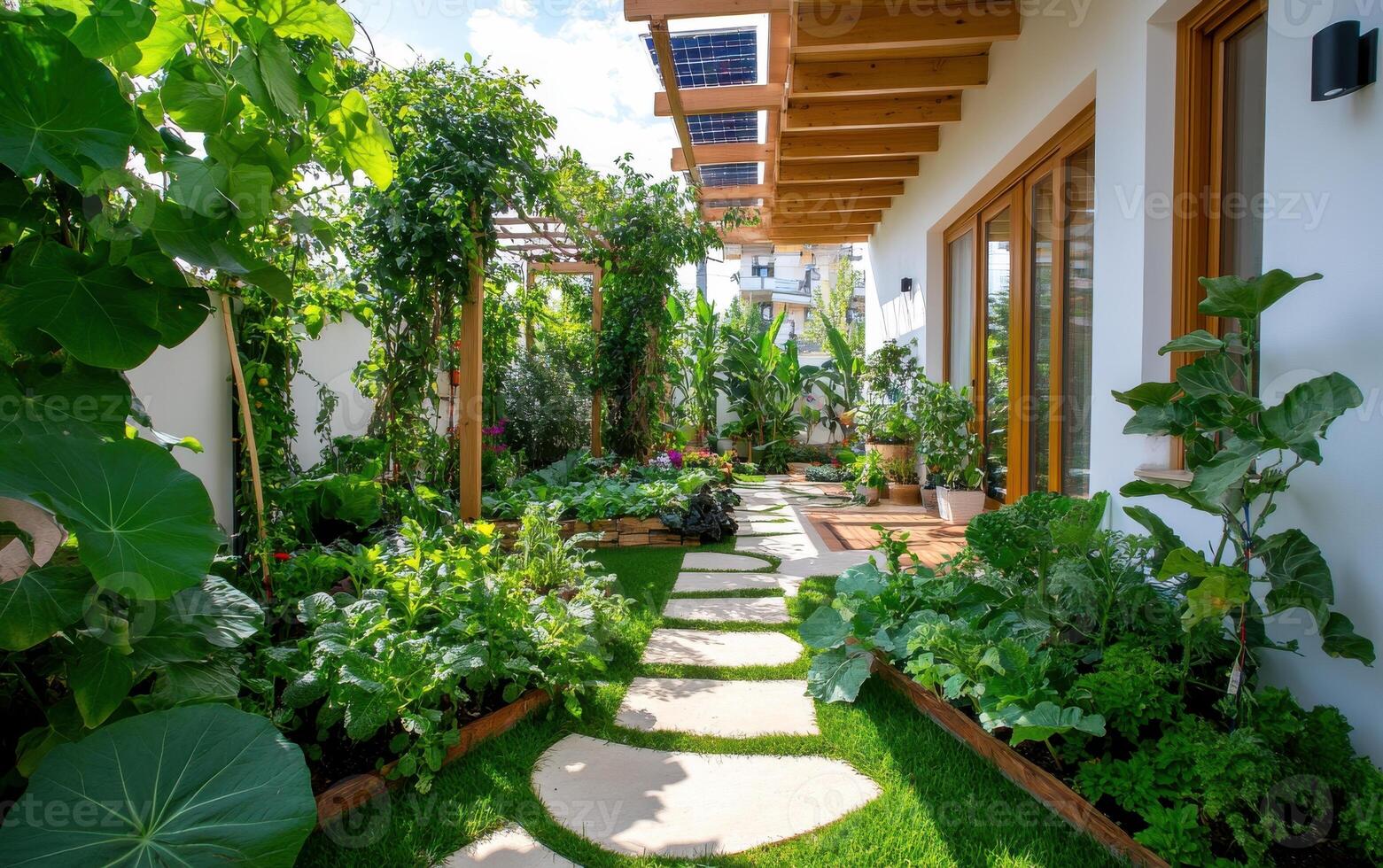 Backyard transformation into a stunning eco-system with greenery and pathways photo