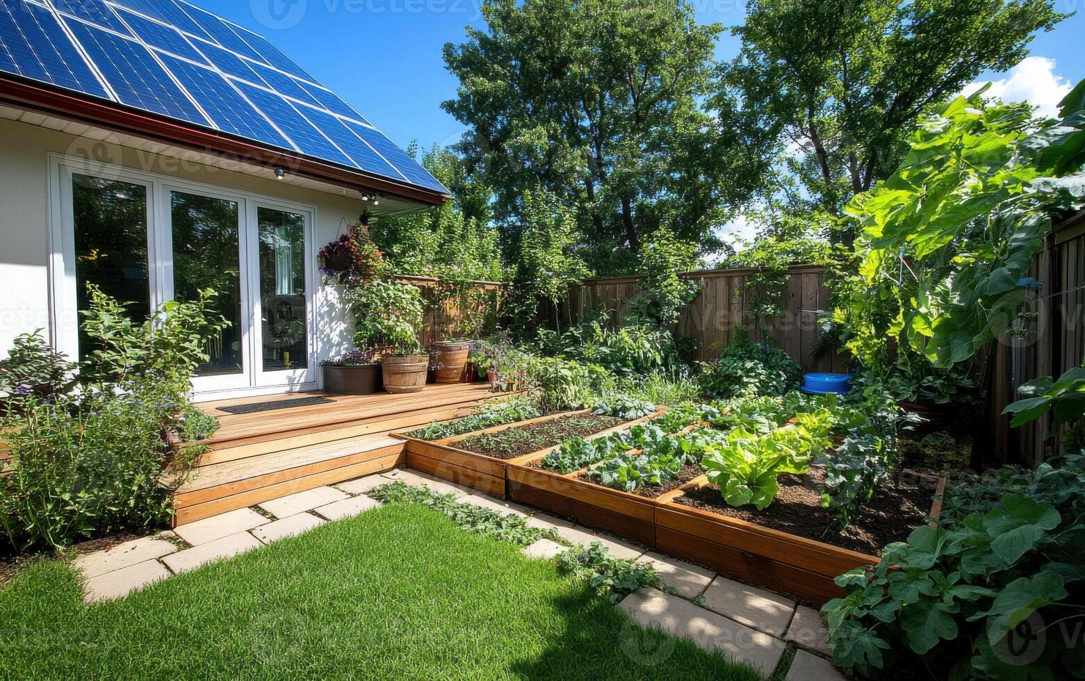 Transforming a small backyard into a vibrant eco-system with sustainable practices and lush greenery photo