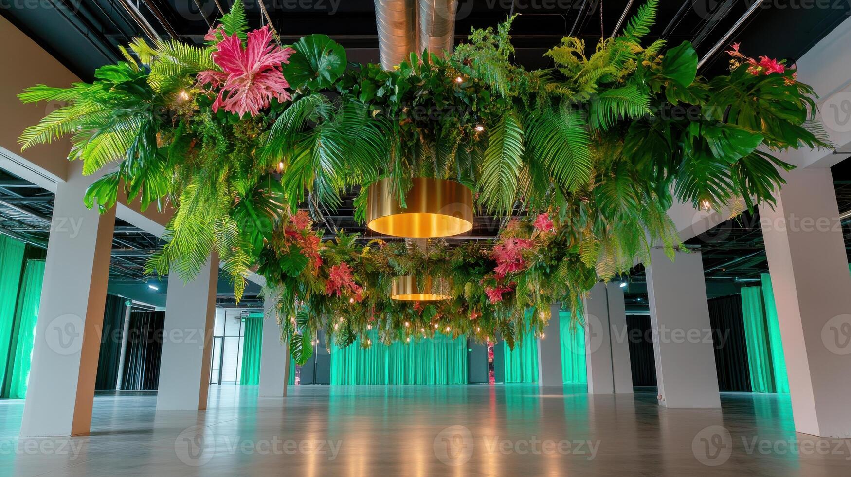 Prehistoric plants create a dramatic display in a modern exhibition space with vibrant colors and lush greenery photo