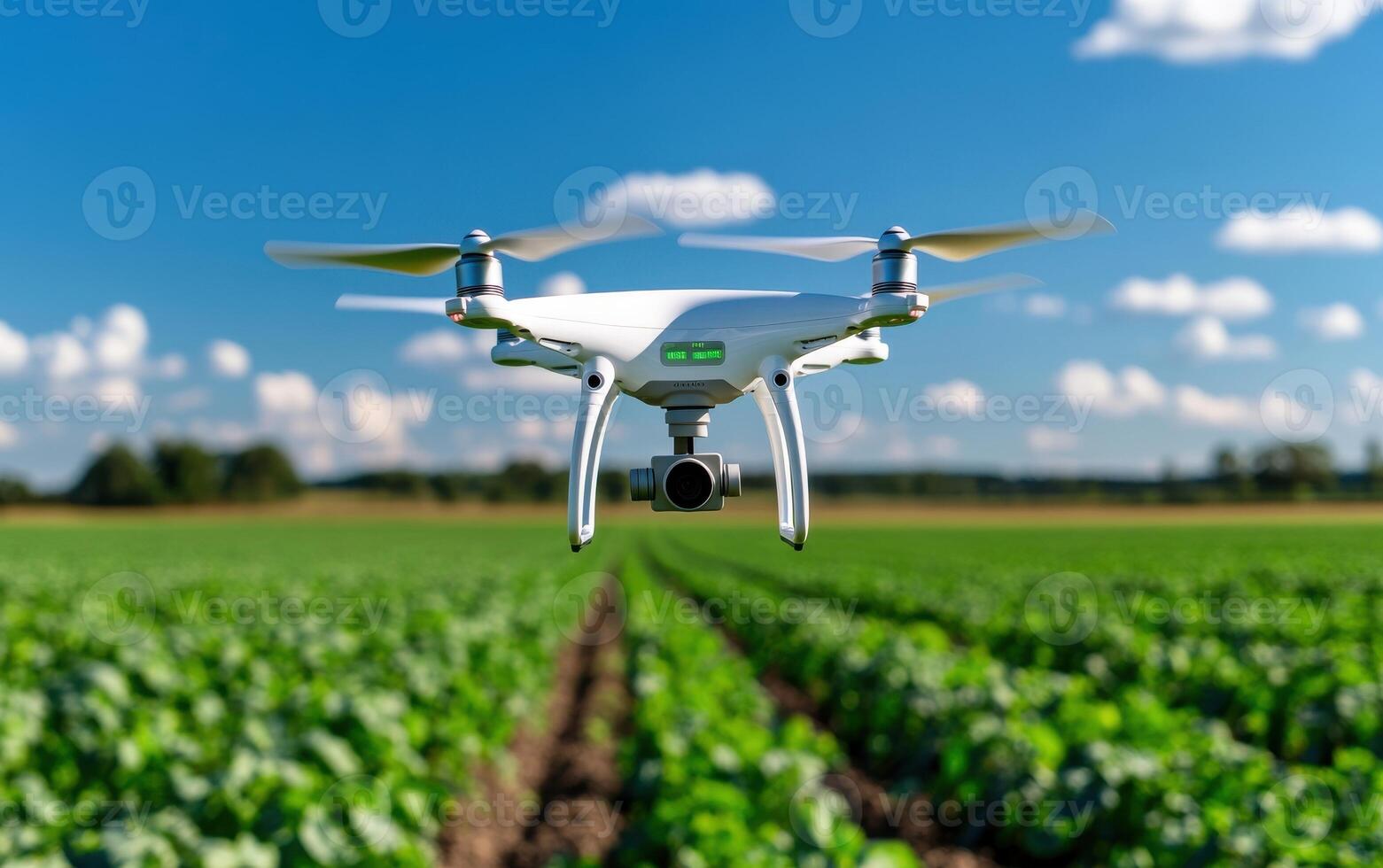 AI-powered drone hovers above expansive agricultural field capturing essential data for crop management and monitoring photo