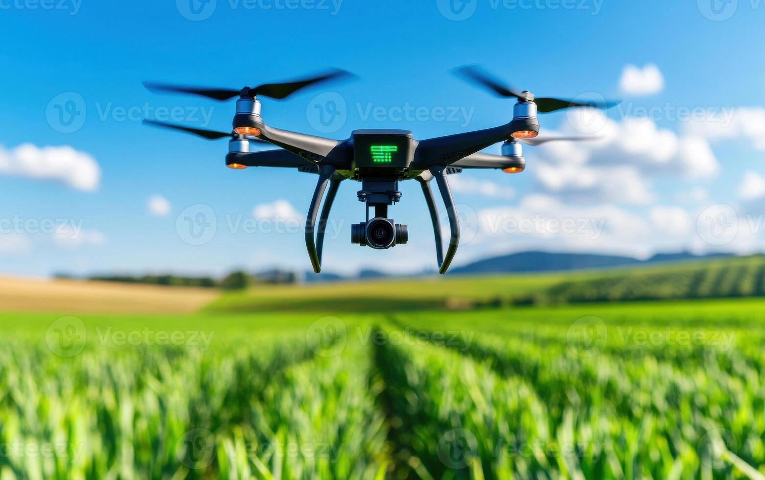 AI-powered drone hovers over expansive green field during clear day, showcasing advanced technology in agricultural practices photo