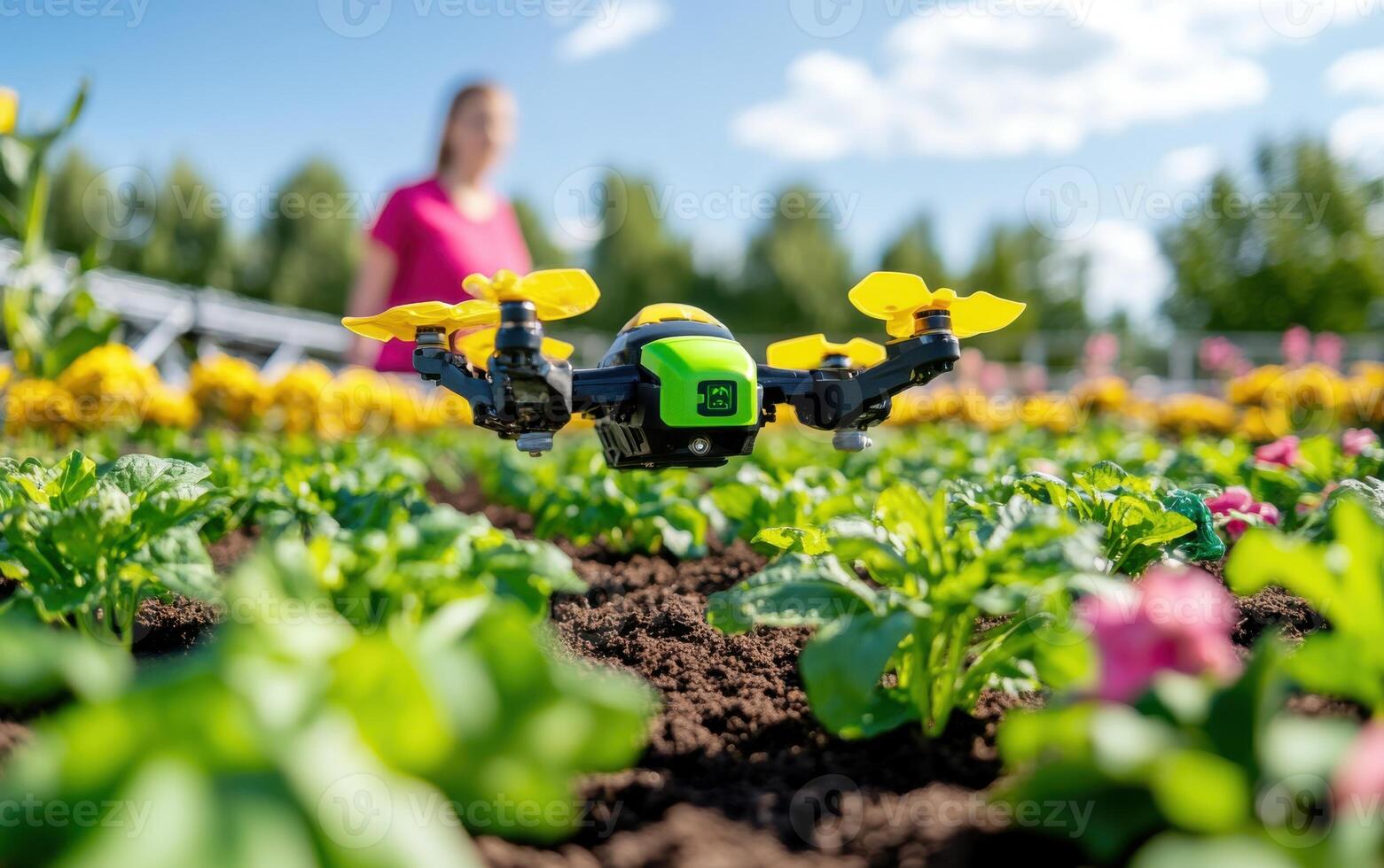 AI-powered robot transforming waste into sustainable resources in a vibrant garden setting photo
