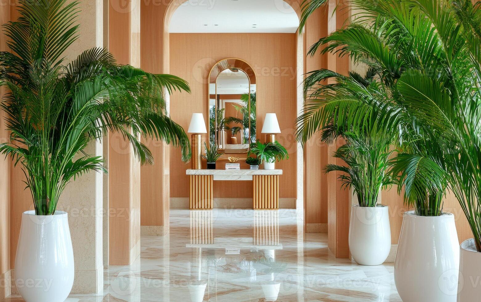 Dramatic giant ferns create an elegant atmosphere in a modern interior space with polished marble flooring photo