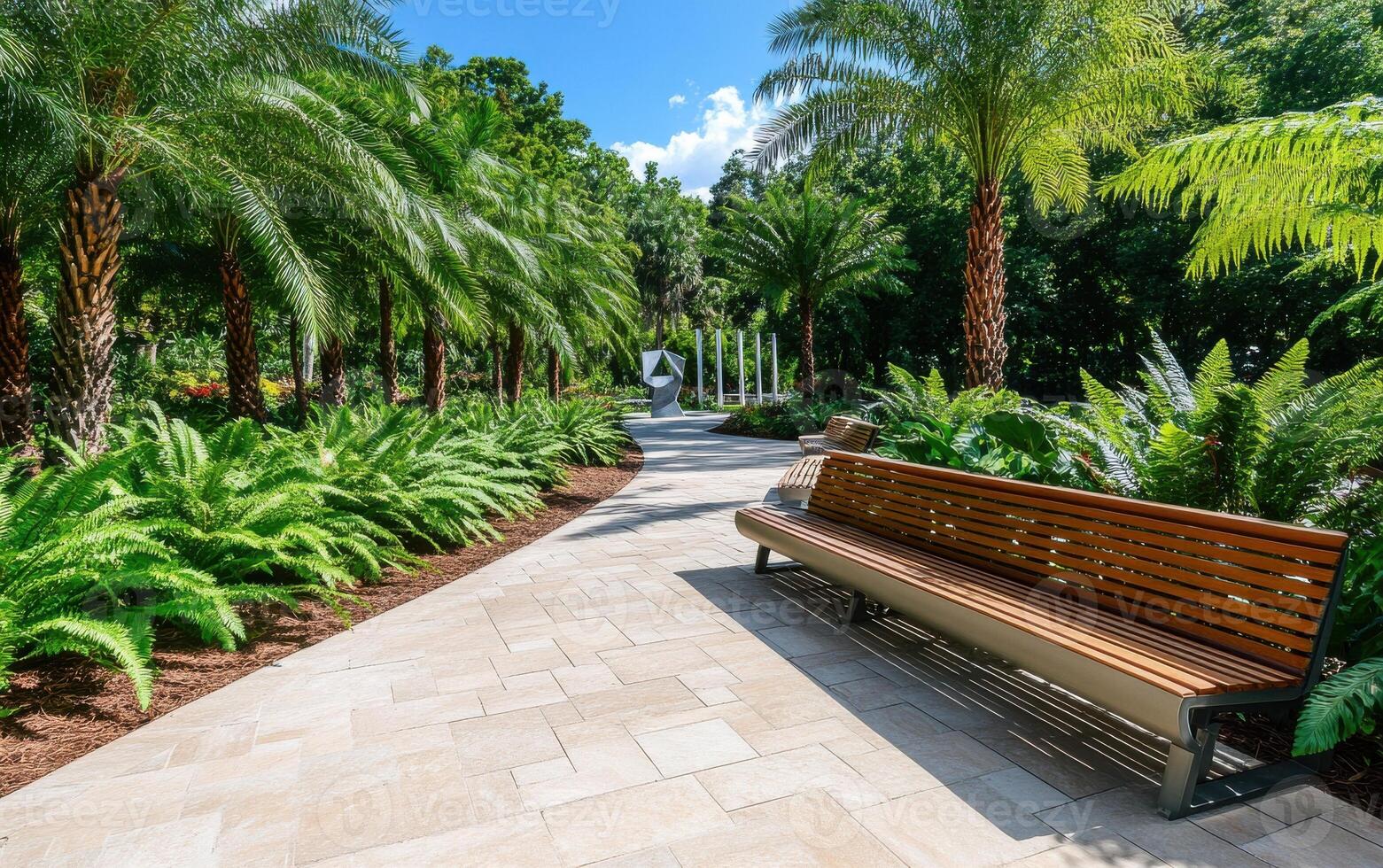 Exploring a serene garden path adorned with ancient ferns and cycads surrounded by lush greenery photo
