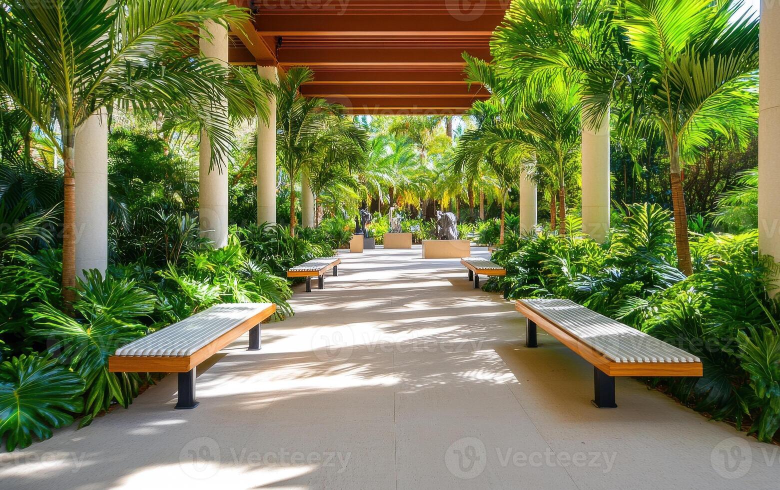 Ancient ferns and cycads flourish in a lush tropical landscape with benches for visitors to enjoy nature's beauty photo
