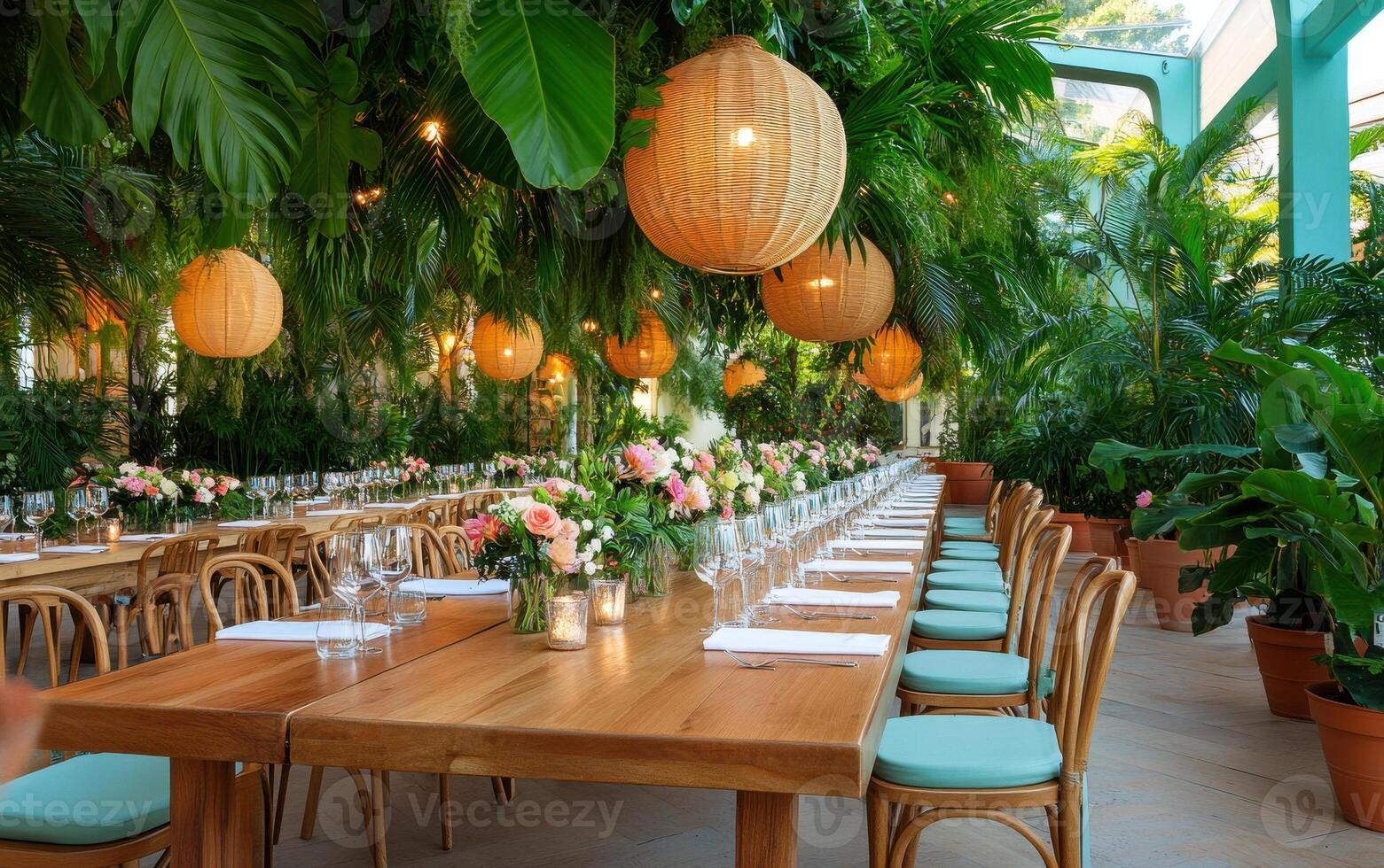 Rustic event venue showcasing elegant table settings in a lush plant-filled atmosphere for special occasions photo
