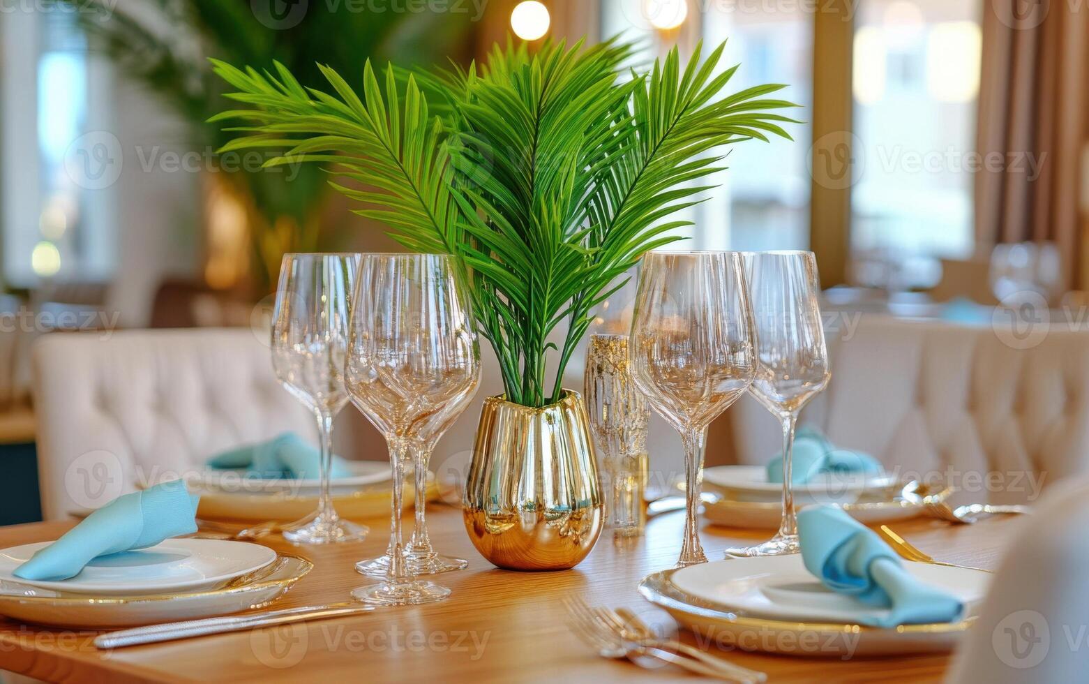 Nautical-inspired dining setup featuring an ancient sago palm centerpiece with elegant tableware in a bright atmosphere photo