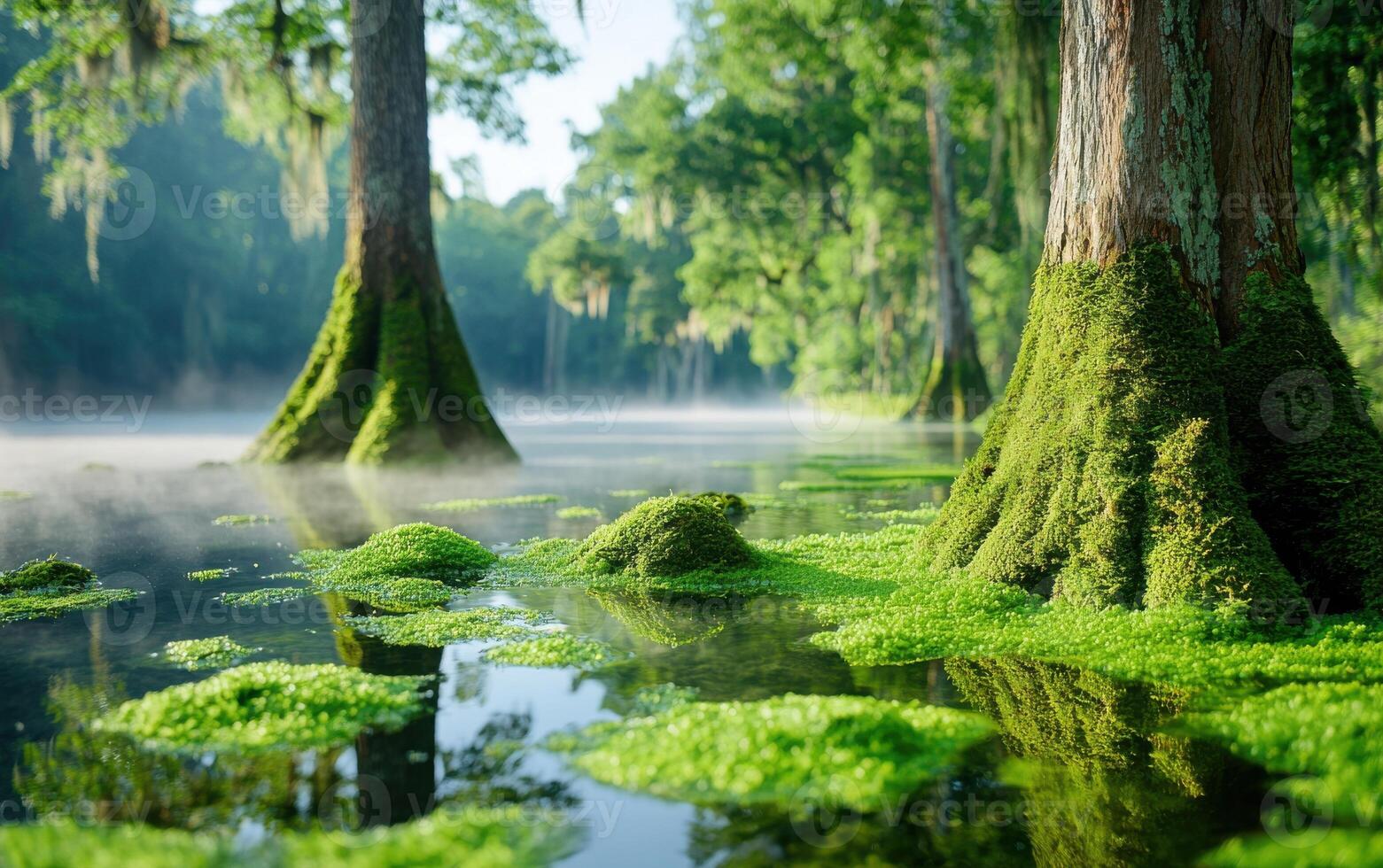 Ancient swamp landscape showcasing moss-covered trees and vibrant aquatic plants under soft morning light photo