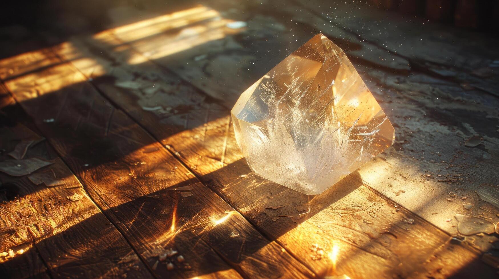 Crystal on weathered wooden floor, sunlight, dew drops photo
