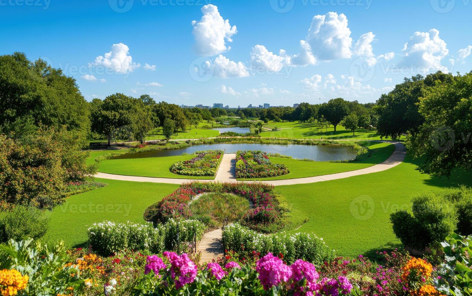 Lush green park with vibrant flowers and water features inviting visitors to relax and enjoy nature photo